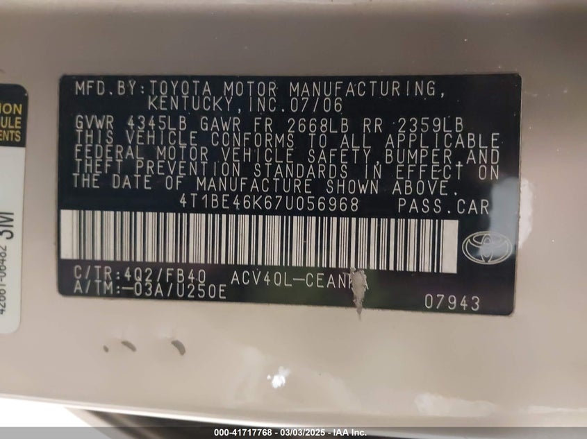 2007 TOYOTA CAMRY VIN: 4T1BE46K67U056968