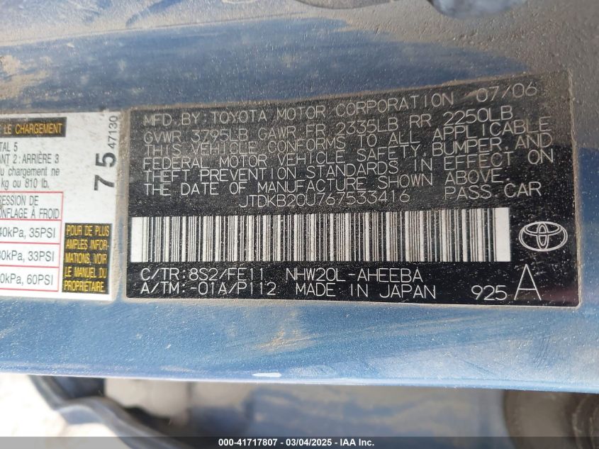 2006 Toyota Prius VIN: JTDKB20U767533416 Lot: 41717807