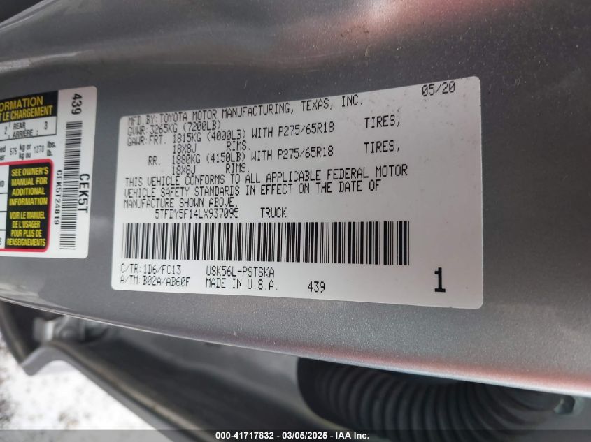 2020 Toyota Tundra Sr5 VIN: 5TFDY5F14LX937095 Lot: 41717832