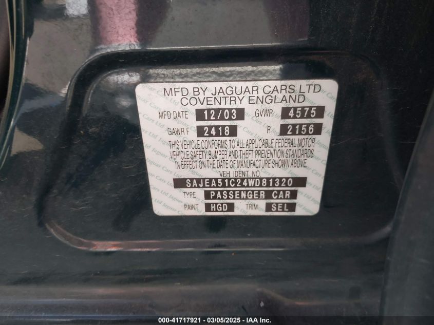 2004 Jaguar X-Type 3.0 VIN: SAJEA51C24WD81320 Lot: 41717921