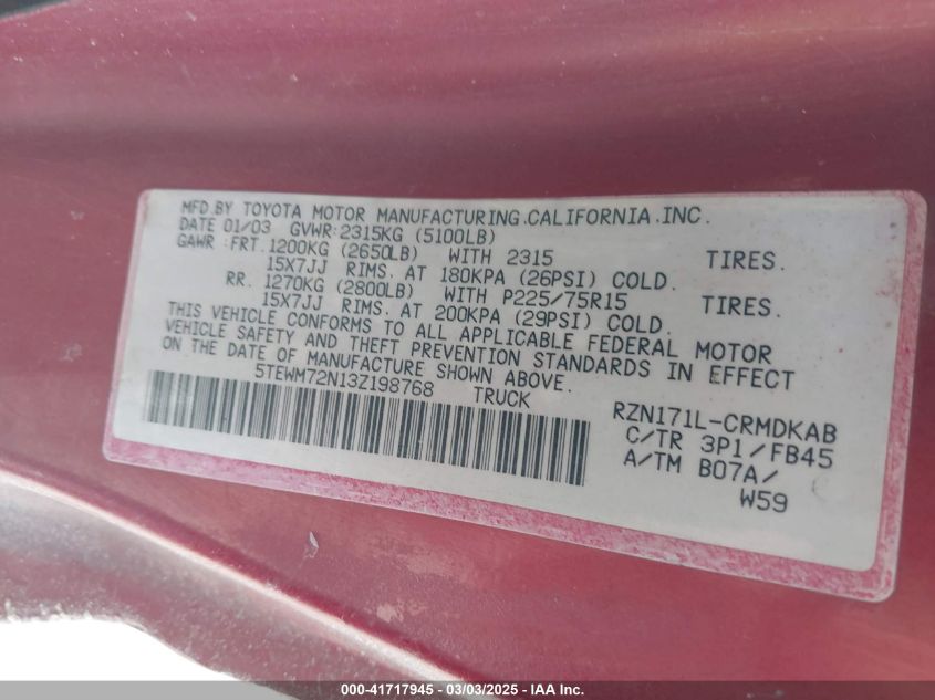 2003 Toyota Tacoma VIN: 5TEWM72N13Z198768 Lot: 41717945