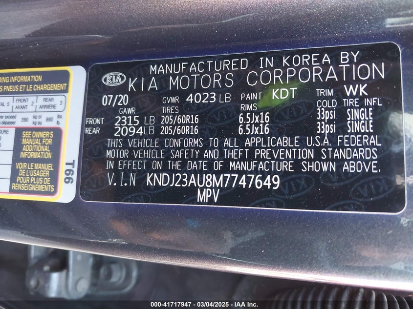 2021 Kia Soul Lx VIN: KNDJ23AU8M7747649 Lot: 41717947