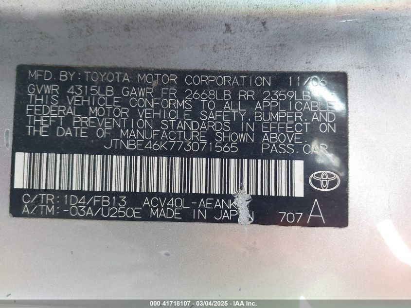 2007 Toyota Camry Le VIN: JTNBE46K773071565 Lot: 41718107