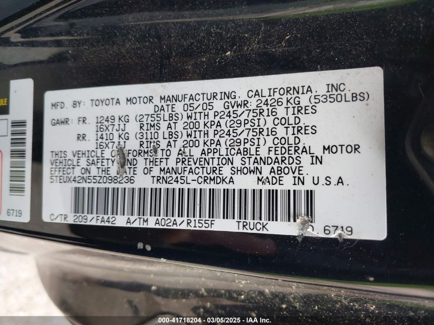 2005 Toyota Tacoma VIN: 5TEUX42N55Z098236 Lot: 41718204