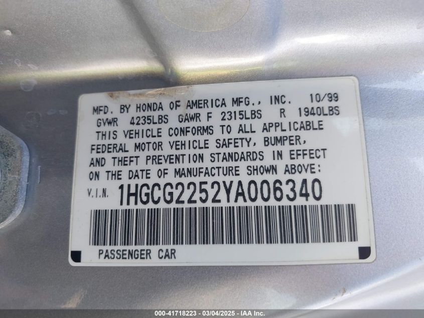 2000 Honda Accord 3.0 Ex VIN: 1HGCG2252YA006340 Lot: 41718223