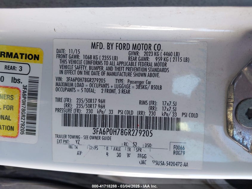 2016 FORD FUSION VIN: 3FA6P0H78GR279205