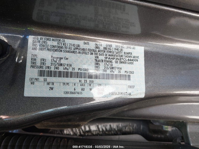 2012 FORD FOCUS VIN: 1FAHP3N27CL444009