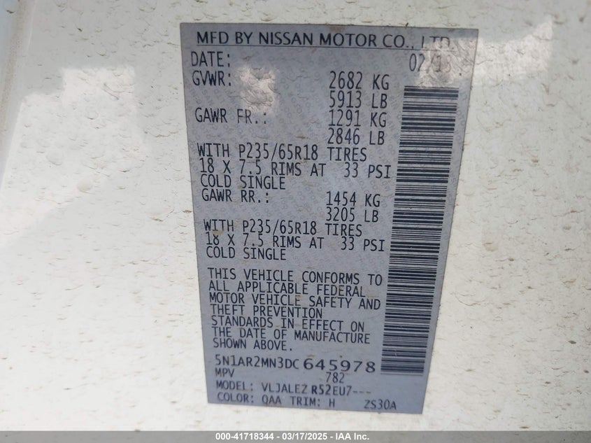 2013 Nissan Pathfinder Sv VIN: 5N1AR2MN3DC645978 Lot: 41718343