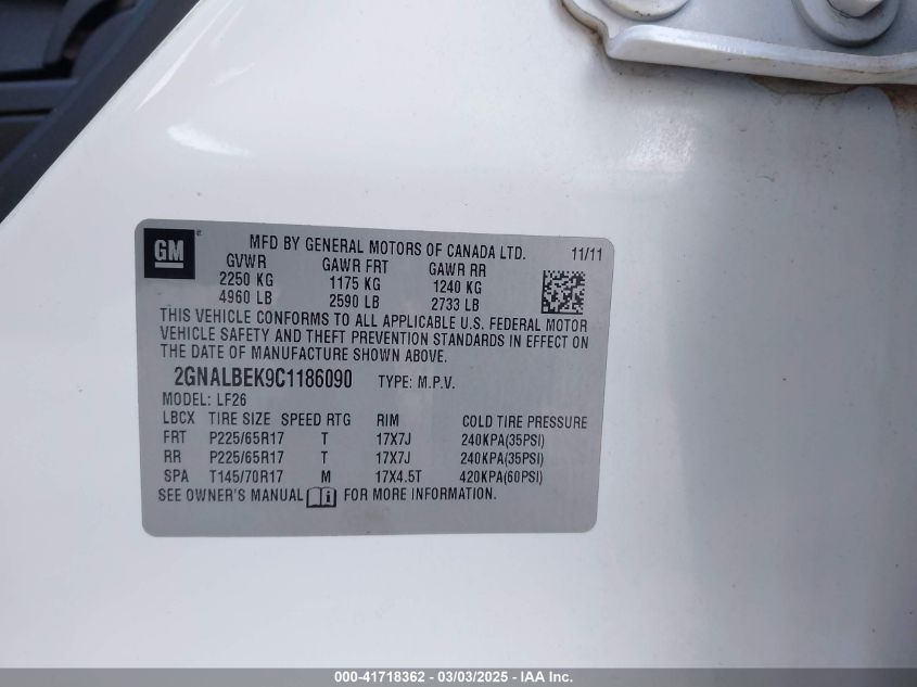 2012 Chevrolet Equinox Ls VIN: 2GNALBEK9C1186090 Lot: 41718362