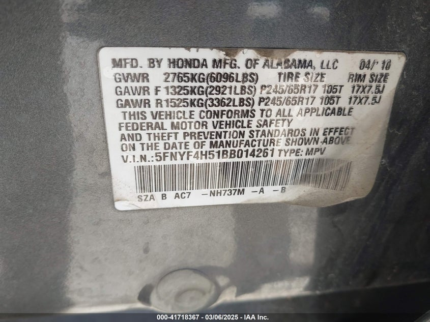 2011 HONDA PILOT VIN: 5FNYF4H51BB014261