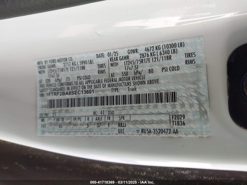 2025 Ford F-250 Xl VIN: 1FTRF2BA8SEC13601 Lot: 41718369