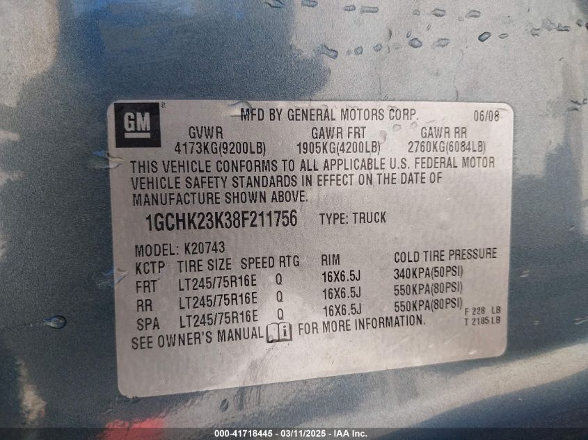 2008 Chevrolet Silverado 2500Hd Lt1 VIN: 1GCHK23K38F211756 Lot: 41718445