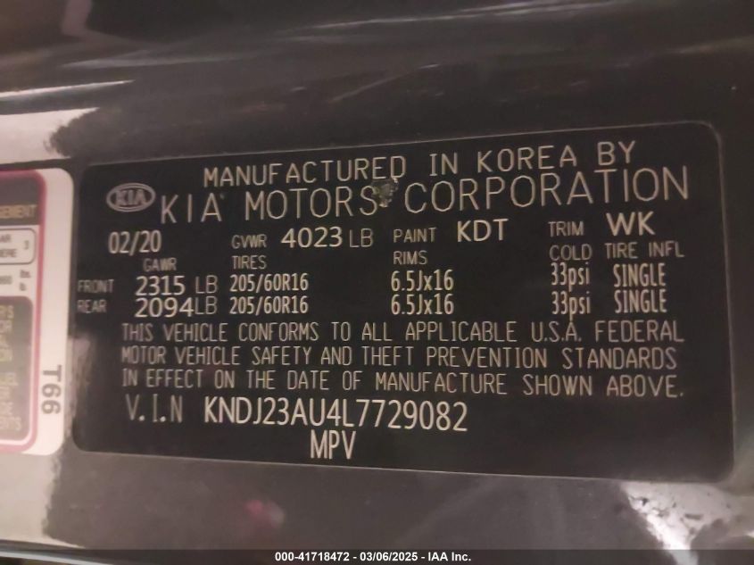 2020 Kia Soul Lx VIN: KNDJ23AU4L7729082 Lot: 41718472