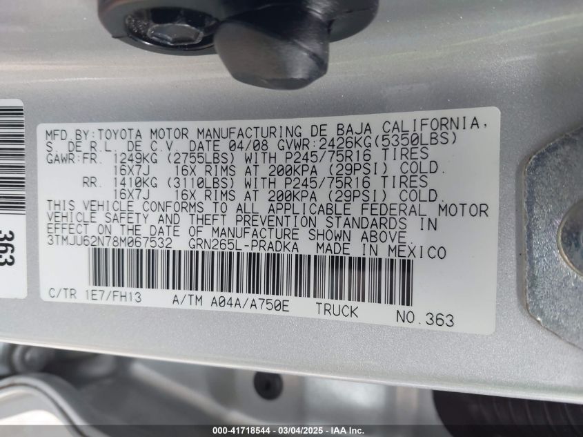 2008 Toyota Tacoma Prerunner V6 VIN: 3TMJU62N78M067532 Lot: 41718544