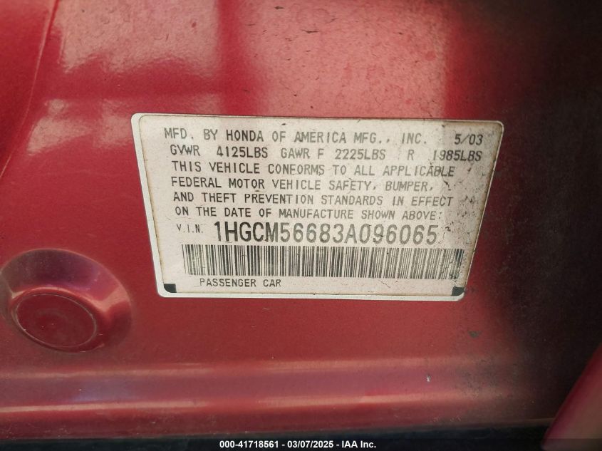 2003 Honda Accord 2.4 Ex VIN: 1HGCM56683A096065 Lot: 41718561