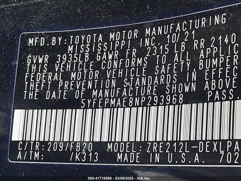 2022 TOYOTA COROLLA LE - 5YFEPMAE8NP293968