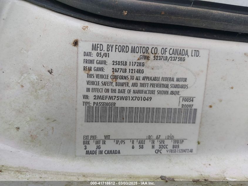 2001 Mercury Grand Marquis Ls VIN: 2MEFM75W81X701049 Lot: 41718612