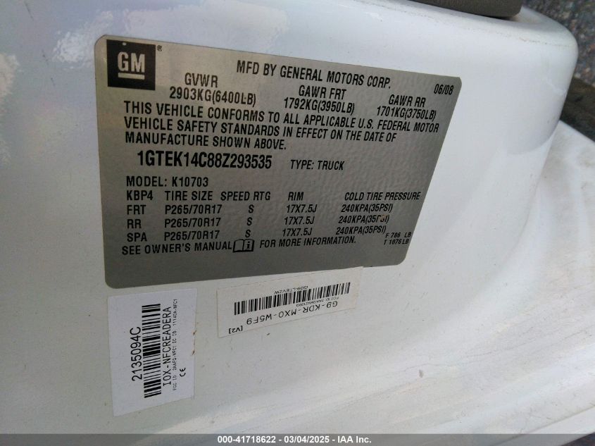 2008 GMC Sierra 1500 Work Truck VIN: 1GTEK14C88Z293535 Lot: 41718622