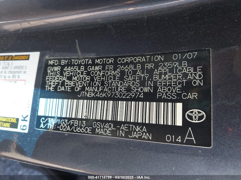 2007 TOYOTA CAMRY VIN: JTNBK46K973022974