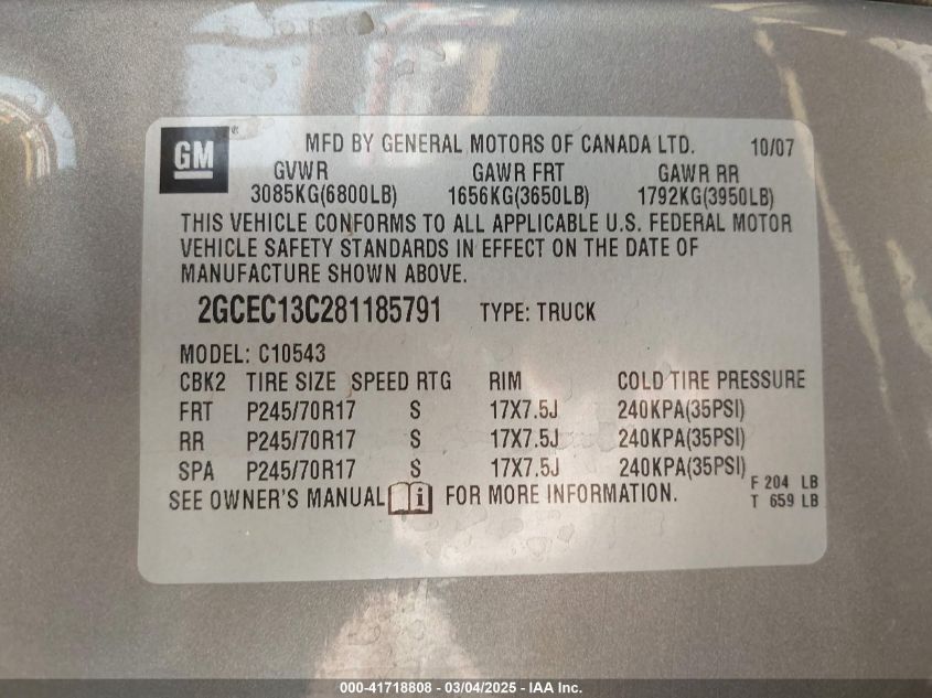 2008 Chevrolet Silverado 1500 Lt1 VIN: 2GCEC13C281185791 Lot: 41718808