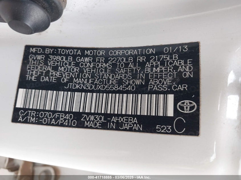 2013 TOYOTA PRIUS VIN: JTDKN3DUXD5584540