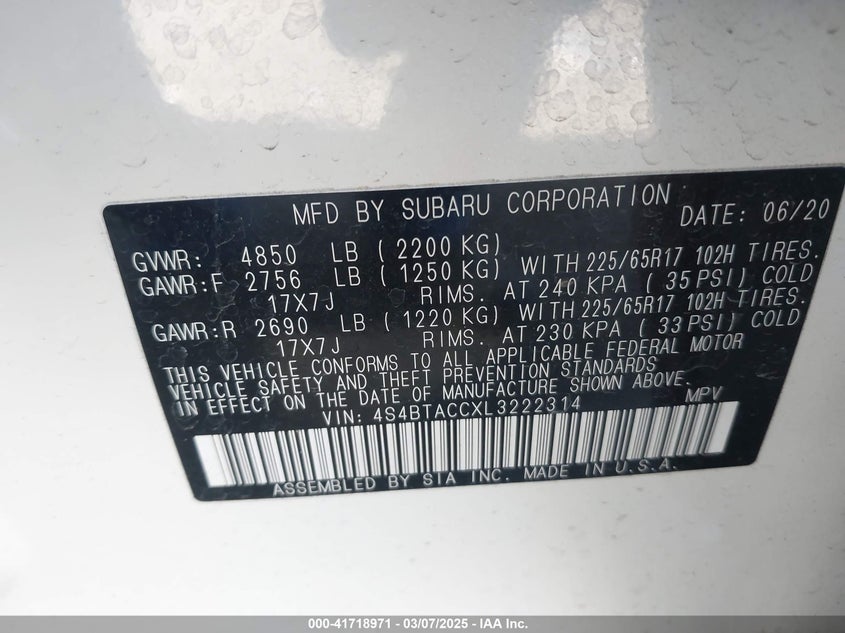 2020 Subaru Outback Premium VIN: 4S4BTACCXL3222314 Lot: 41718971
