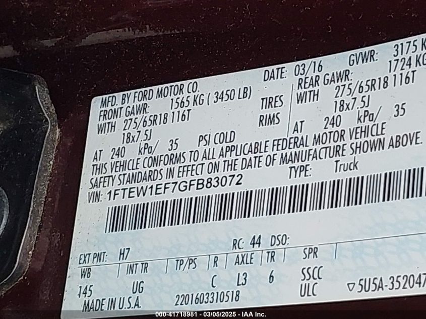 2016 Ford F-150 Xlt VIN: 1FTEW1EF7GFB83072 Lot: 41718981