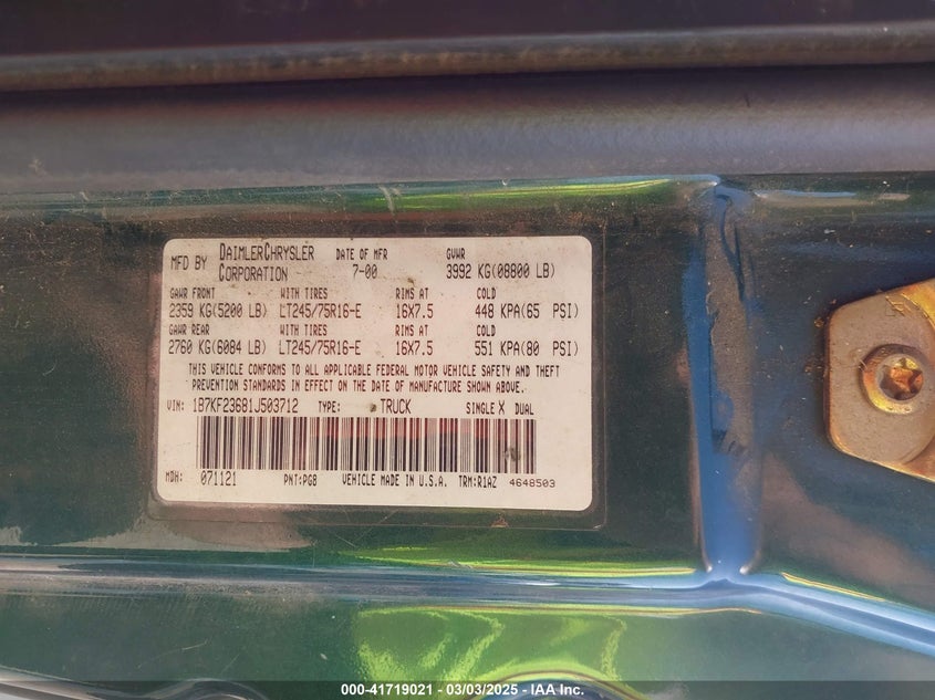 2001 Dodge Ram 2500 St VIN: 1B7KF23681J503712 Lot: 41719021