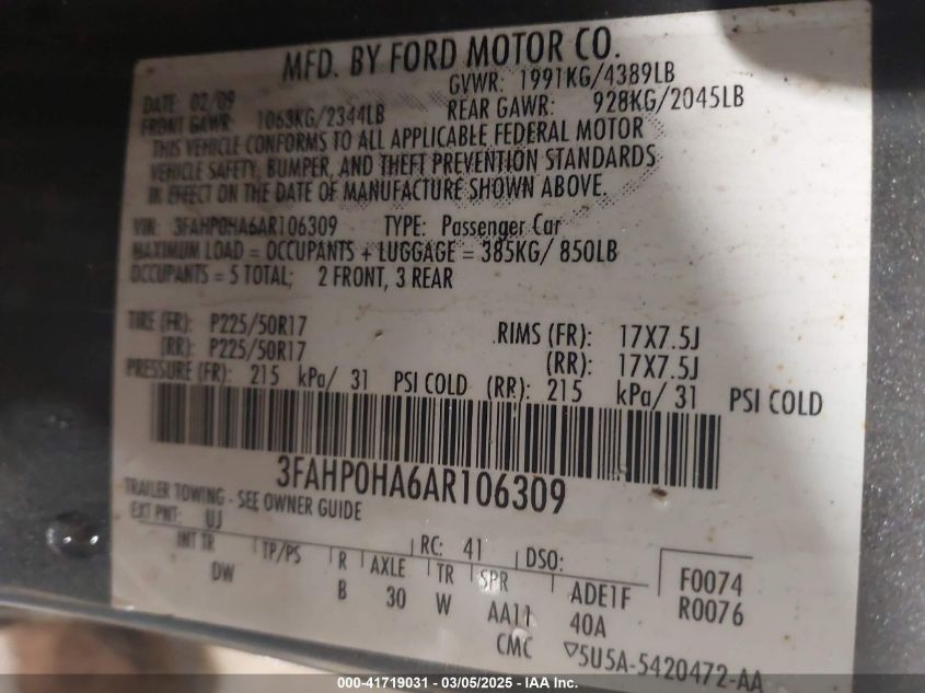 2010 Ford Fusion Se VIN: 3FAHP0HA6AR106309 Lot: 41719031