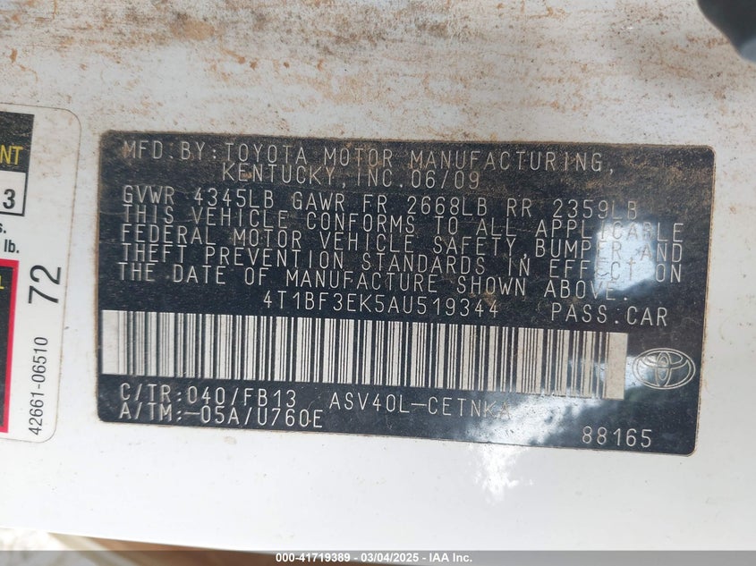 2010 TOYOTA CAMRY VIN: 4T1BF3EK5AU519344