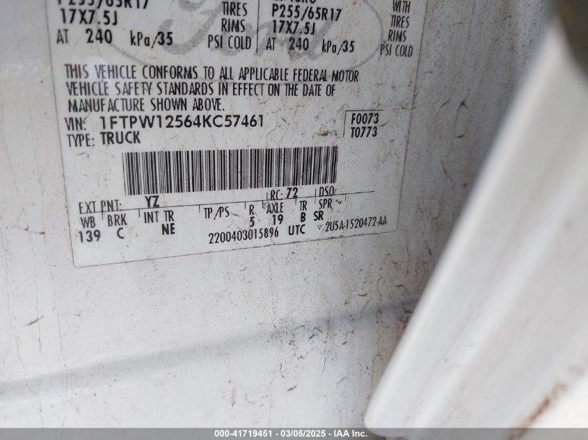 2004 Ford F-150 Lariat/Xlt VIN: 1FTPW12564KC57461 Lot: 41719451