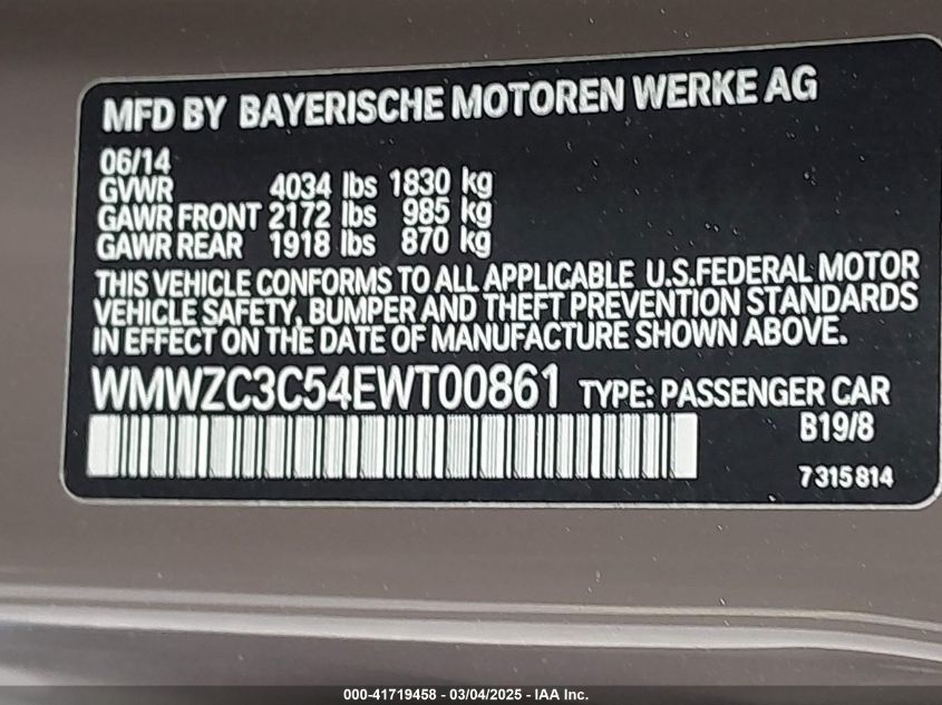 2014 Mini Countryman Cooper S VIN: WMWZC3C54EWT00861 Lot: 41719458