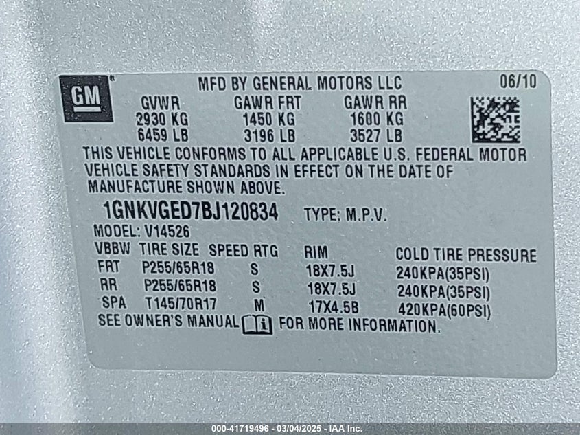 2011 Chevrolet Traverse 1Lt VIN: 1GNKVGED7BJ120834 Lot: 41719496