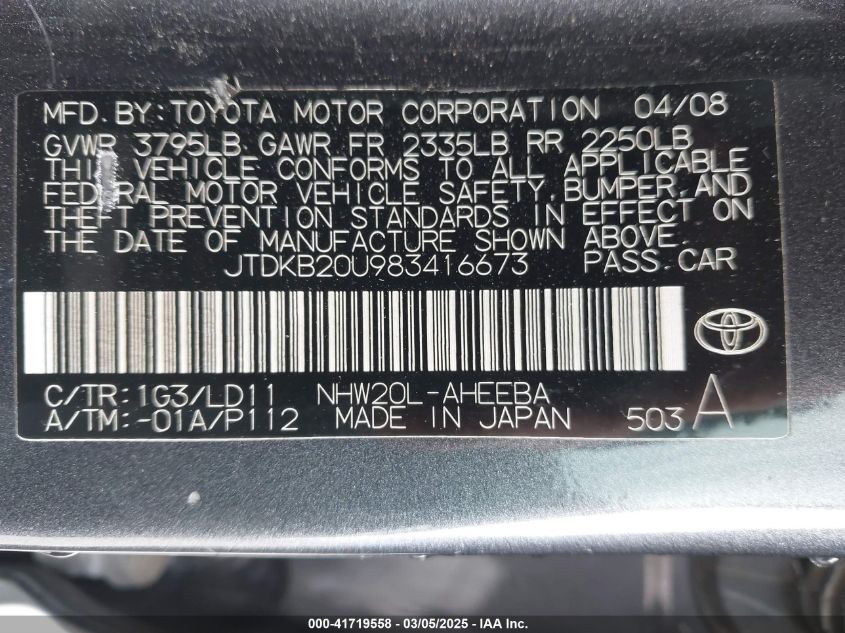 2008 Toyota Prius VIN: JTDKB20U983416673 Lot: 41719558