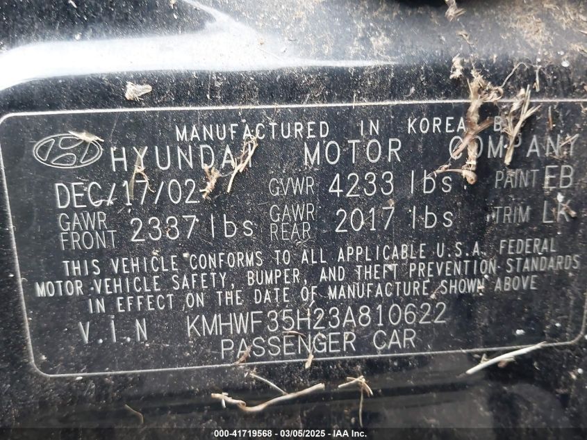 2003 Hyundai Sonata Gls/Lx VIN: KMHWF35H23A810622 Lot: 41719568