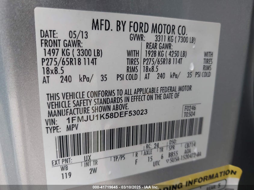 2013 FORD EXPEDITION VIN: 1FMJU1K58DEF53023