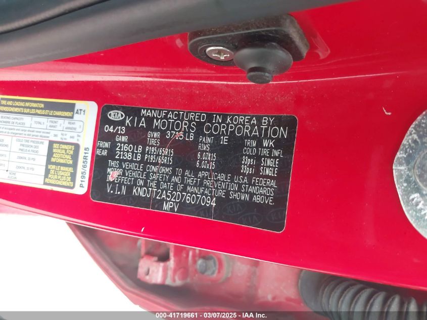 2013 Kia Soul VIN: KNDJT2A52D7607094 Lot: 41719661