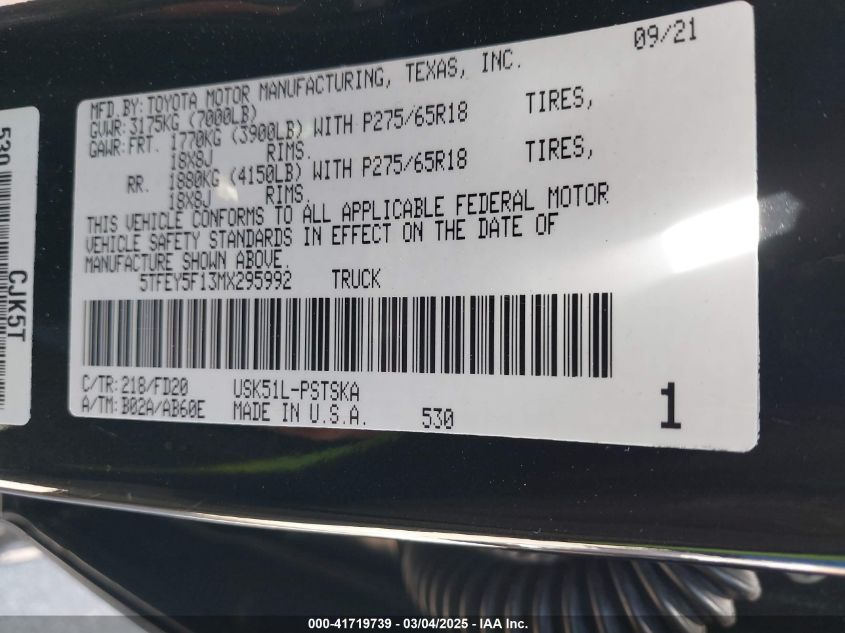 2021 Toyota Tundra Sr5 VIN: 5TFEY5F13MX295992 Lot: 41719739