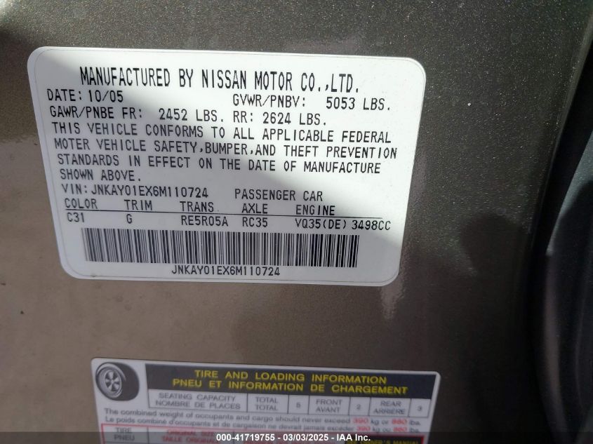 2006 Infiniti M35 VIN: JNKAY01EX6M110724 Lot: 41719755