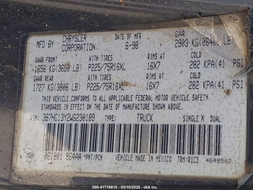 1998 Dodge Ram 1500 St VIN: 3B7HC13Y2WG230189 Lot: 41719818