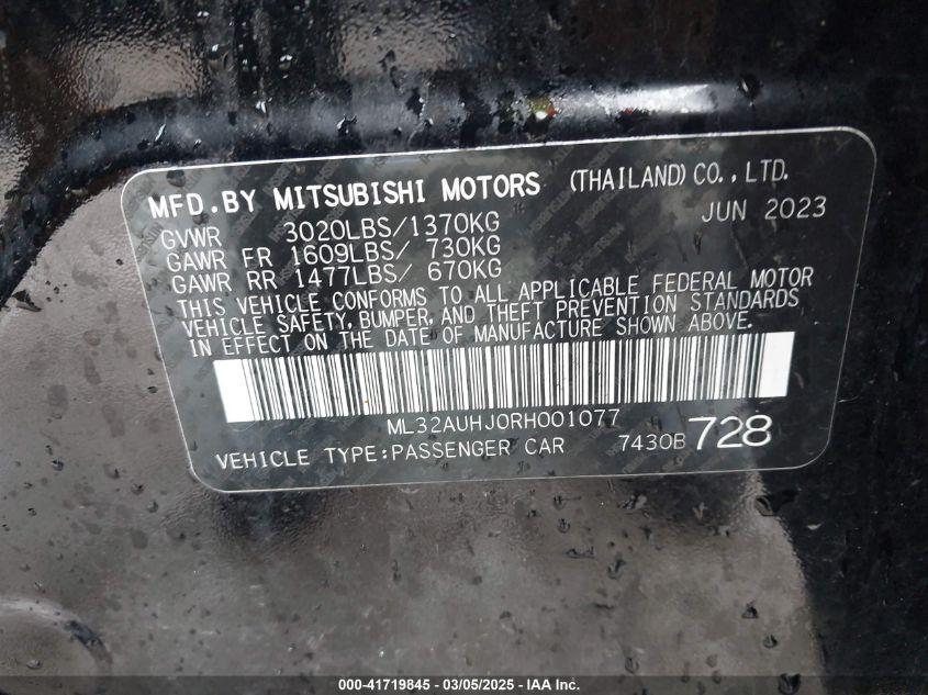 2024 Mitsubishi Mirage Es/Le VIN: ML32AUHJ0RH001077 Lot: 41719845