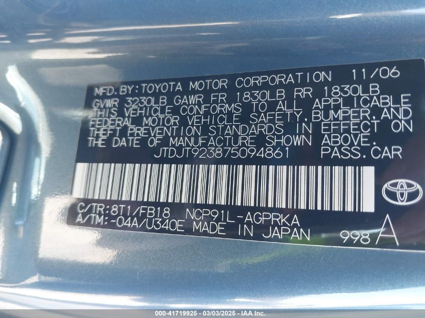 2007 Toyota Yaris VIN: JTDJT923875094861 Lot: 41719925