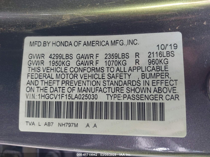 2020 HONDA ACCORD VIN: 1HGCV1F15LA025030