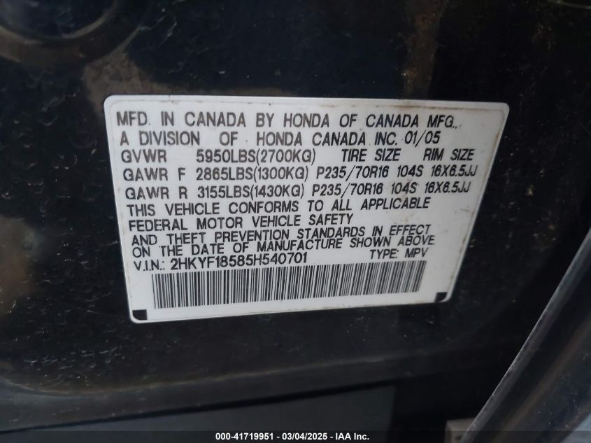 2005 Honda Pilot Ex-L VIN: 2HKYF18585H540701 Lot: 41719951