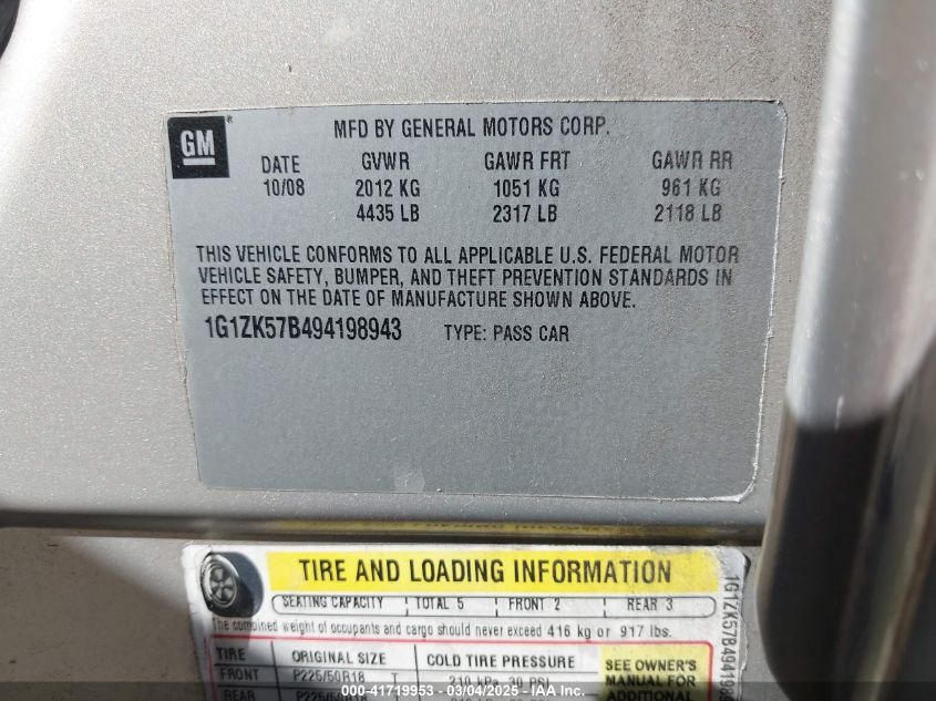 2009 Chevrolet Malibu Ltz VIN: 1G1ZK57B494198943 Lot: 41719953