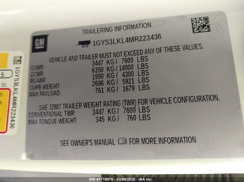 2021 Cadillac Escalade Esv 2Wd Premium Luxury VIN: 1GYS3LKL4MR223436 Lot: 41719976