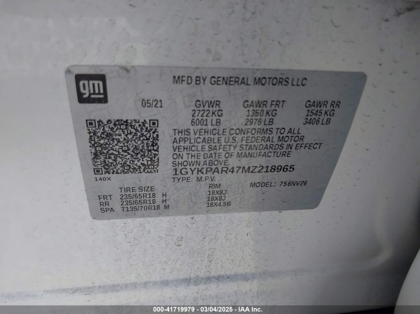 2021 Cadillac Xt6 Fwd Luxury VIN: 1GYKPAR47MZ218965 Lot: 41719979