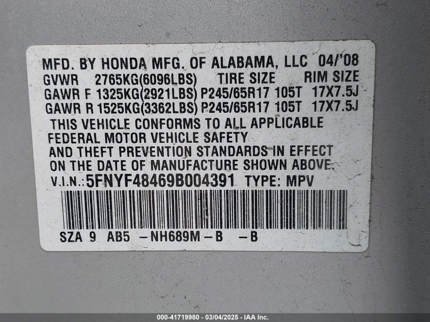 2009 Honda Pilot Ex VIN: 5FNYF48469B004391 Lot: 41719980