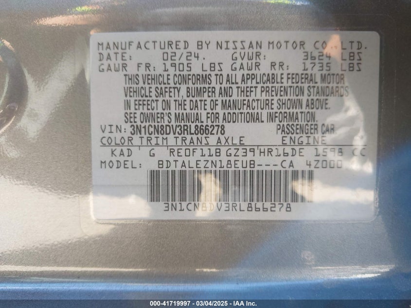 2024 NISSAN VERSA 1.6 S - 3N1CN8DV3RL866278