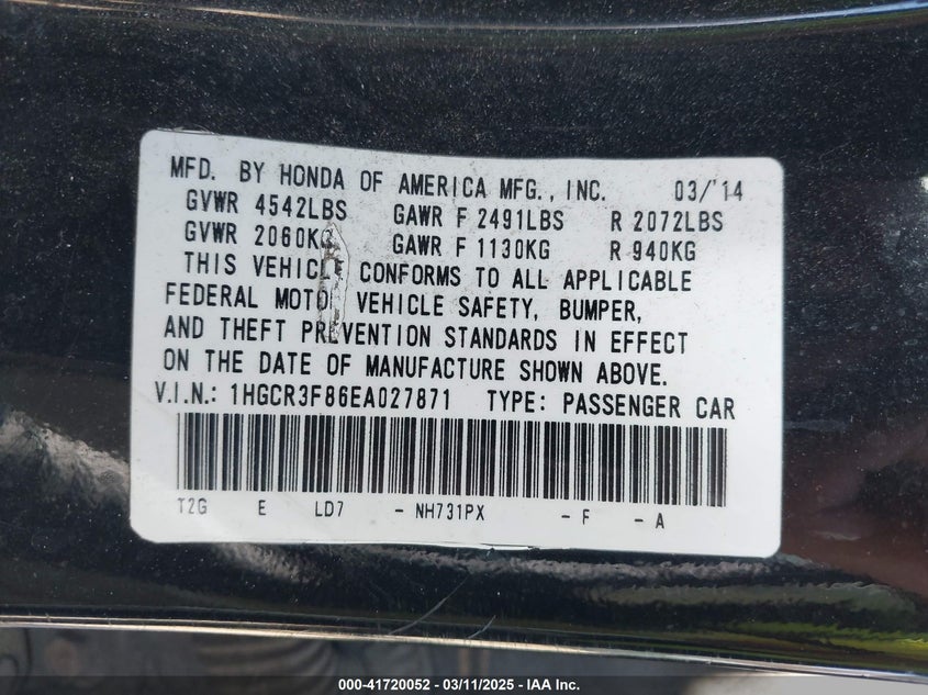 2014 HONDA ACCORD VIN: 1HGCR3F86EA027871